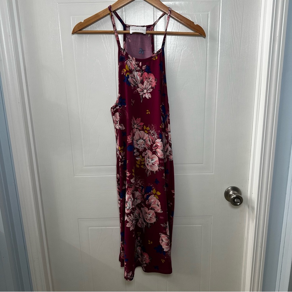 French Grey Burgundy Floral Mini Dress M Sleeveless Stretch - Picture 1 of 11